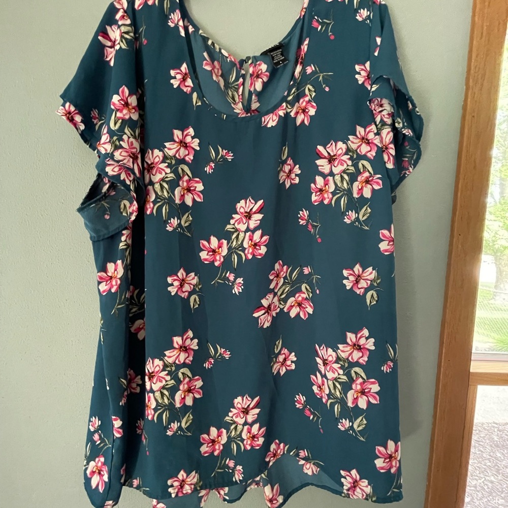 Torrid Teal Floral Blouse with Pink Flowers